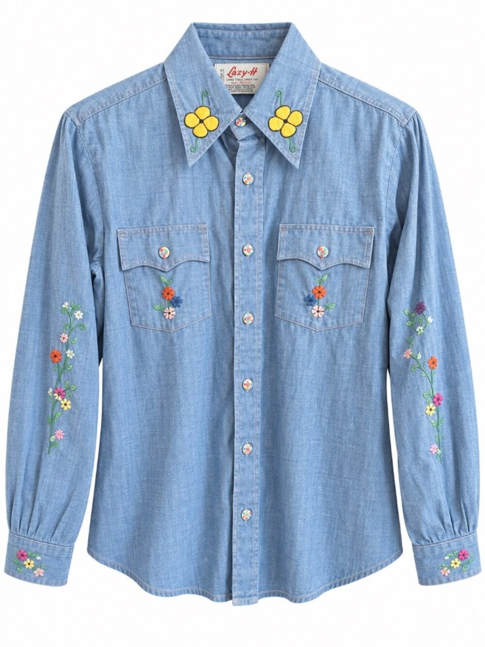 Vintage Lazy-H Embroidered Chambray Button-Up Shirt With Floral & Clothesline De